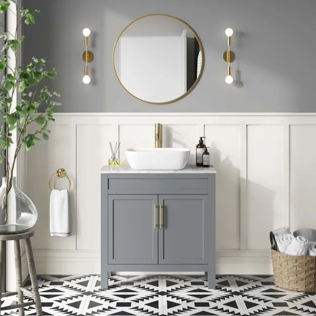 Bermuda Dove Grey Vanity with Marble Top & Curved Counter Top Basin 800mm - Brass Knurled Handles