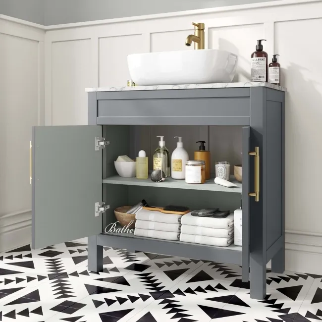 Bermuda Dove Grey Vanity with Marble Top & Curved Counter Top Basin 800mm - Brass Knurled Handles