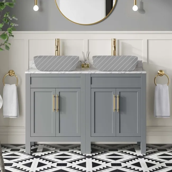 Bermuda Dove Grey Cabinet with Marble Top 1200mm Excludes Counter Top Basins - Brass Knurled Handles