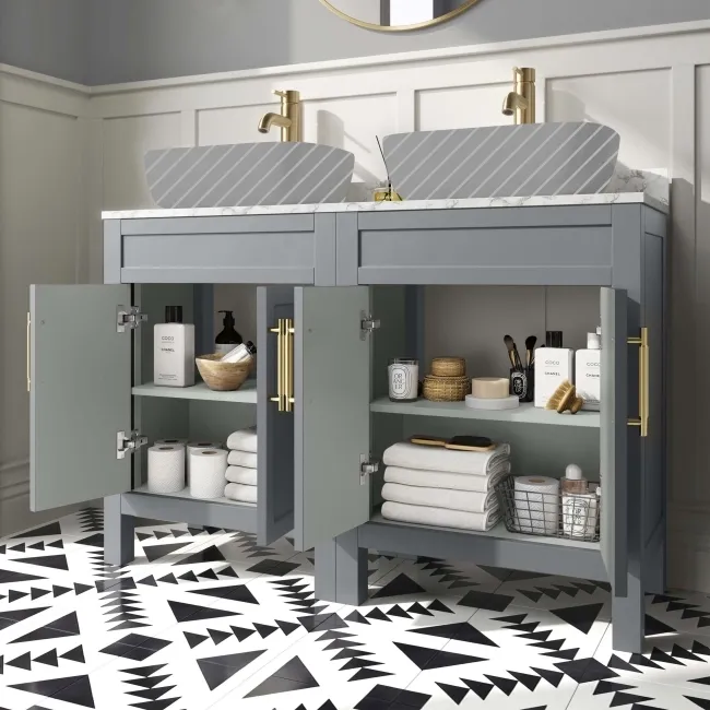 Bermuda Dove Grey Cabinet with Marble Top 1200mm Excludes Counter Top Basins - Brass Knurled Handles