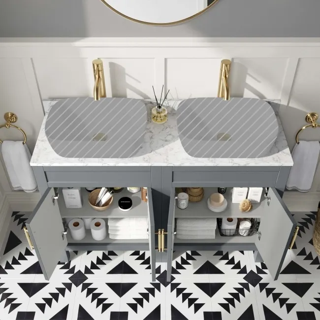 Bermuda Dove Grey Cabinet with Marble Top 1200mm Excludes Counter Top Basins - Brass Knurled Handles