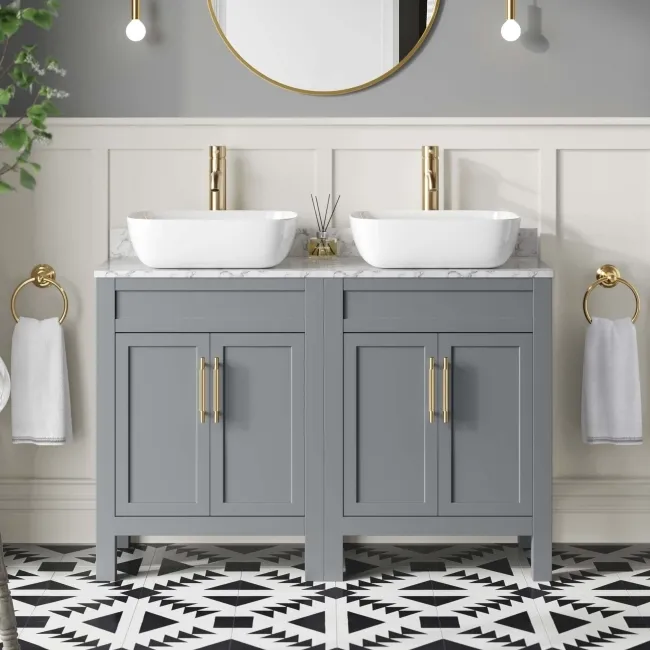 Bermuda Dove Grey Vanity with Marble Top & Curved Counter Top Basin 1200mm - Brass Knurled Handles
