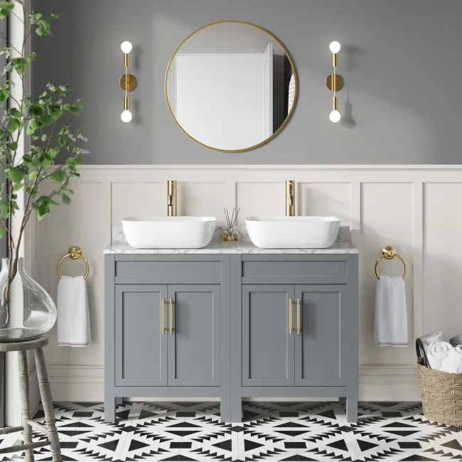 Bermuda Dove Grey Vanity with Marble Top & Curved Counter Top Basin 1200mm - Brass Knurled Handles