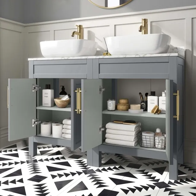 Bermuda Dove Grey Vanity with Marble Top & Curved Counter Top Basin 1200mm - Brass Knurled Handles