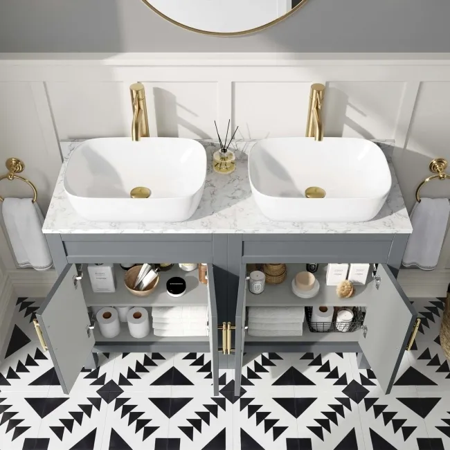 Bermuda Dove Grey Vanity with Marble Top & Curved Counter Top Basin 1200mm - Brass Knurled Handles