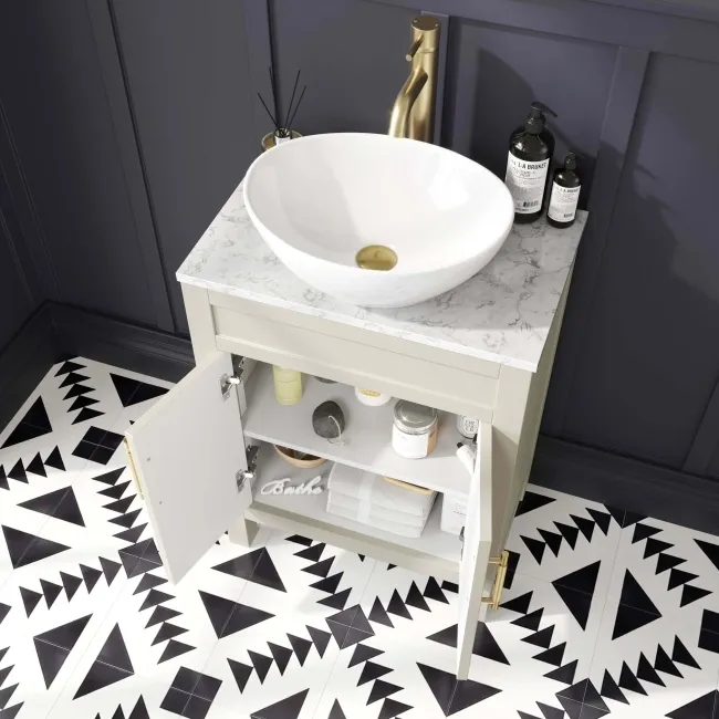 Bermuda Chalk White Vanity with Marble Top & Oval Counter Top Basin 600mm - Brass Knurled Handles