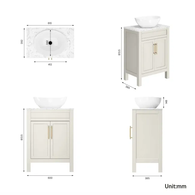 Bermuda Chalk White Vanity with Marble Top & Oval Counter Top Basin 600mm - Brass Knurled Handles