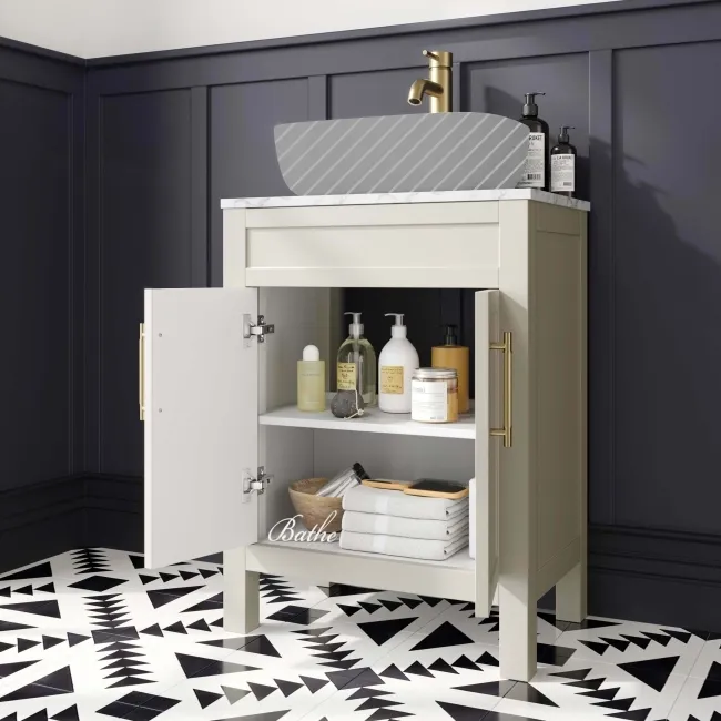 Bermuda Chalk White Cabinet with Marble Top 600mm - Excludes Counter Top Basin - Brass Knurled Handles