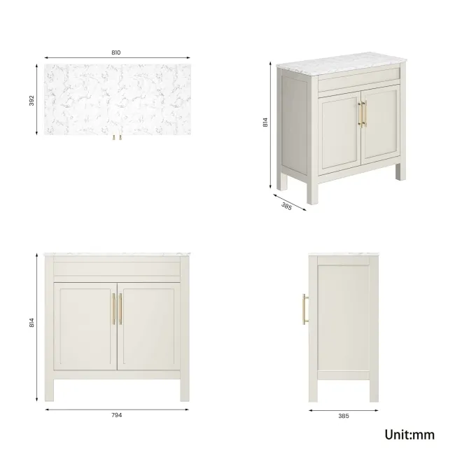 Bermuda Chalk White Cabinet with Marble Top 800mm Excludes Counter Top Basin - Brass Knurled Handles