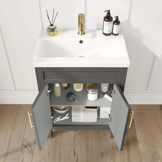 Bermuda Graphite Grey Basin Vanity 600mm - Brass Knurled Handles