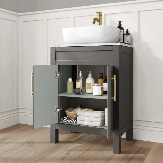 Bermuda Graphite Grey Vanity with Marble Top & Curved Counter Top Basin 600mm - Brass Knurled Handles