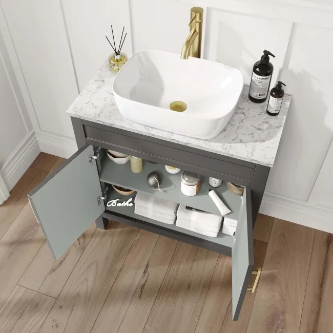 Bermuda Graphite Grey Vanity with Marble Top & Curved Counter Top Basin 800mm - Brass Knurled Handles