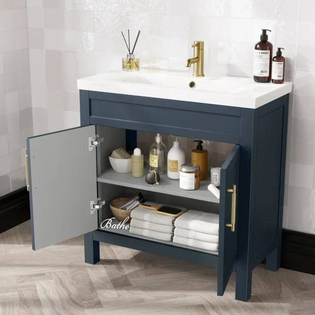 Bermuda Inky Blue Basin Vanity 800mm - Brass Knurled Handles