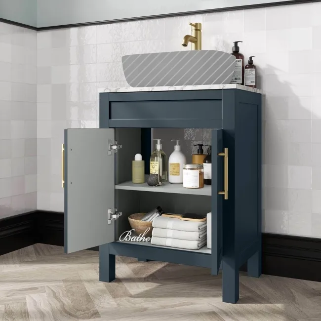 Bermuda Inky Blue Cabinet with Marble Top 600mm Excludes Counter Top Basin - Brass Knurled Handles