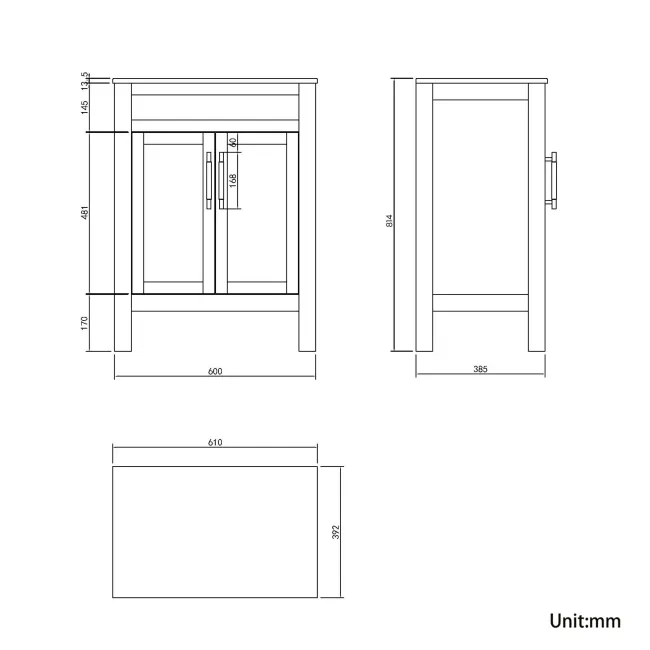 Bermuda Inky Blue Cabinet with Marble Top 600mm Excludes Counter Top Basin - Brass Knurled Handles