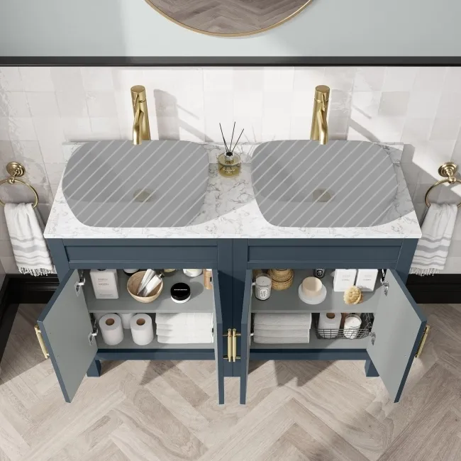 Bermuda Inky Blue Cabinet with Marble Top 1200mm Excludes Counter Top Basins - Brass Knurled Handles