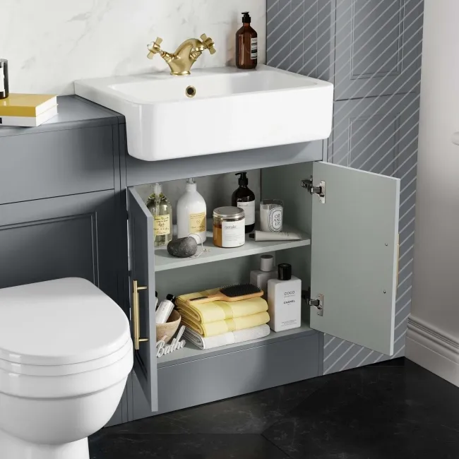 Monaco Dove Grey Combination Vanity Basin and Seattle Toilet 1200mm - Brass Knurled Handles