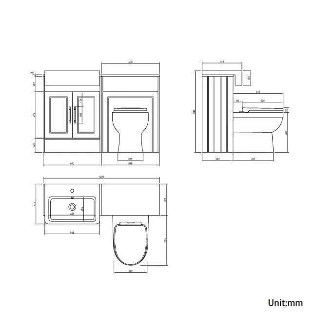 Monaco Dove Grey Combination Vanity Basin and Seattle Toilet 1200mm - Brass Knurled Handles