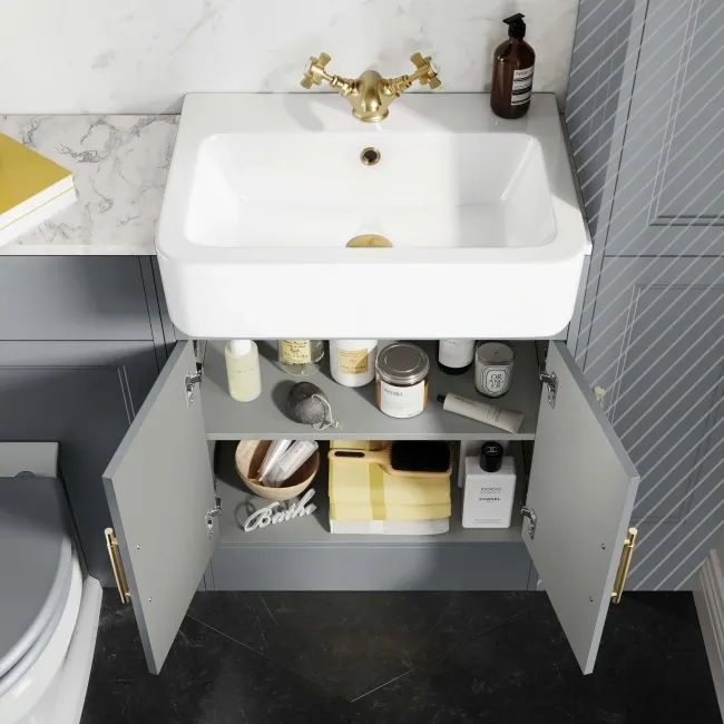 Monaco Dove Grey Combination Vanity Basin with Marble Top & Hudson Toilet with Wooden Seat 1200mm - Brass Knurled Handles