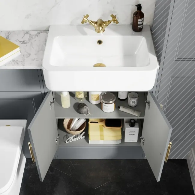 Monaco Dove Grey Combination Vanity Basin with Marble Top & Atlanta Toilet 1200mm - Brass Knurled Handles
