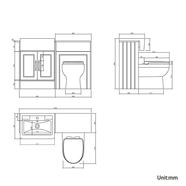 Monaco Dove Grey Combination Vanity Traditional Basin and Seattle Toilet 1200mm - Brass Knurled Handles