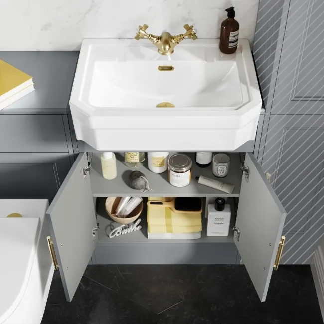 Monaco Dove Grey Combination Vanity Traditional Basin and Boston Toilet 1200mm - Brass Knurled Handles