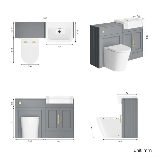 Monaco Dove Grey Combination Vanity Traditional Basin and Boston Toilet 1200mm - Brass Knurled Handles