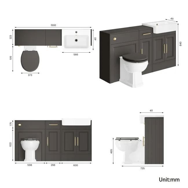 Monaco Graphite Grey Combination Vanity Basin and Hudson Toilet with Wooden Seat 1500mm - Brass Knurled Handles