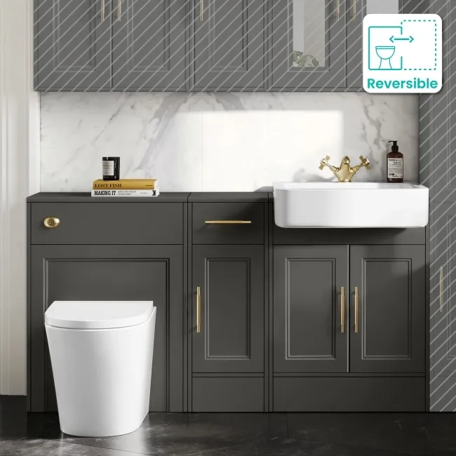 Monaco Graphite Grey Combination Vanity Basin and Boston Toilet 1500mm - Brass Knurled Handles