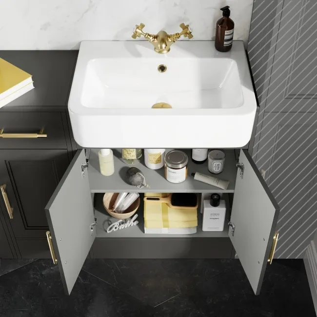 Monaco Graphite Grey Combination Vanity Basin and Boston Toilet 1500mm - Brass Knurled Handles