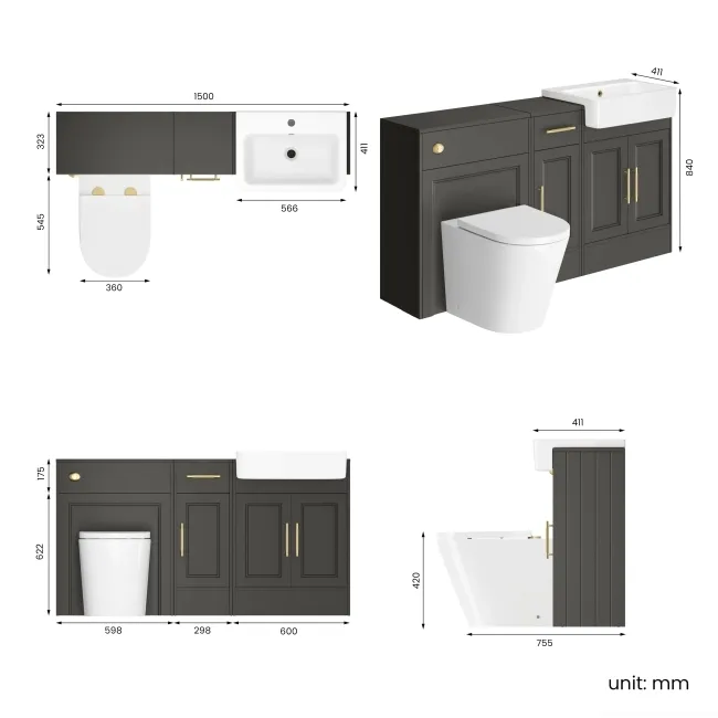 Monaco Graphite Grey Combination Vanity Basin and Boston Toilet 1500mm - Brass Knurled Handles