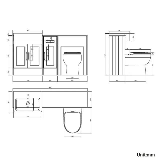 Monaco Graphite Grey Combination Vanity Basin with Marble Top and Seattle Toilet 1500mm - Brass Knurled Handles
