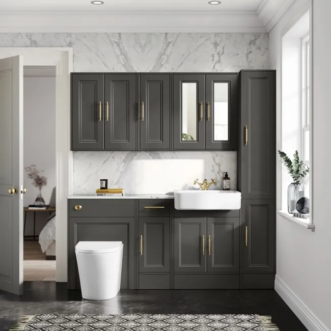 Monaco Graphite Grey Combination Vanity Basin with Marble Top and Boston Toilet 1500mm - Brass Knurled Handles