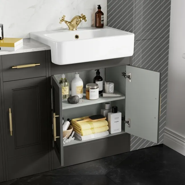 Monaco Graphite Grey Combination Vanity Basin with Marble Top and Boston Toilet 1500mm - Brass Knurled Handles