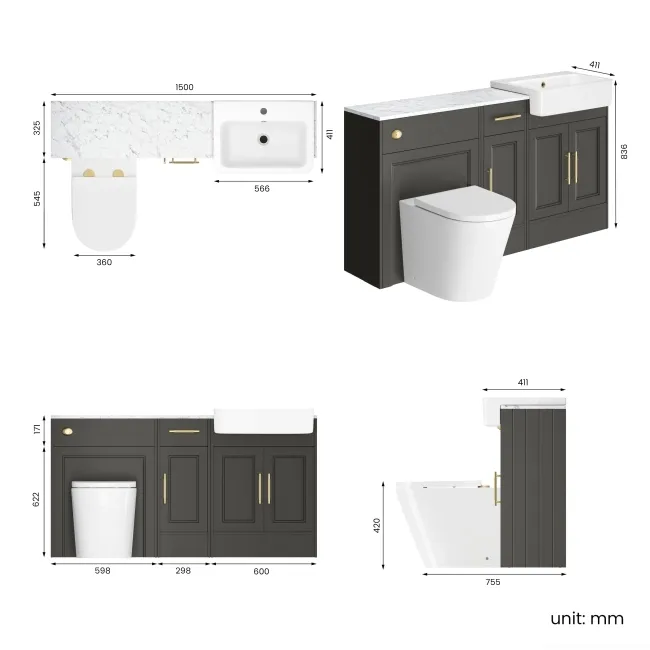 Monaco Graphite Grey Combination Vanity Basin with Marble Top and Boston Toilet 1500mm - Brass Knurled Handles