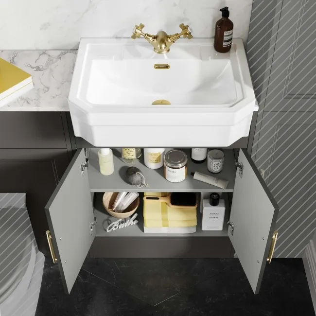 Monaco Graphite Grey Combination Vanity Traditional Basin with Marble Top 1200mm (Excludes Pan & Cistern) - Brass Knurled Handles