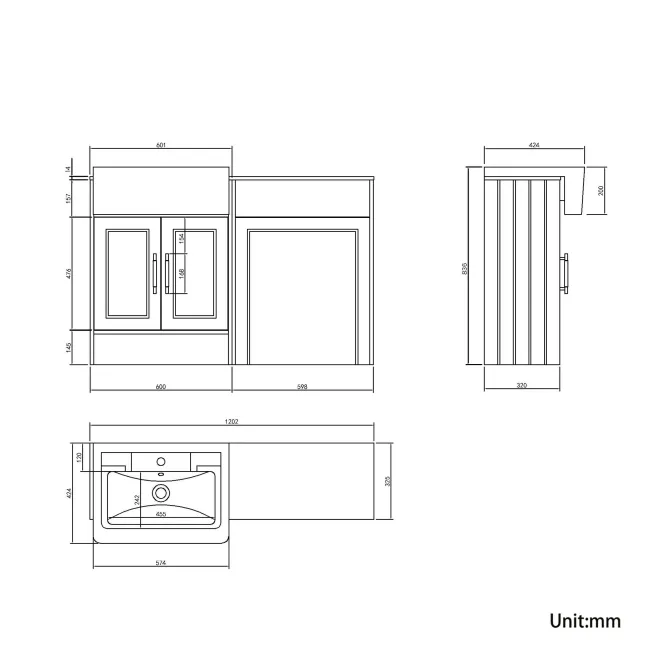 Monaco Graphite Grey Combination Vanity Traditional Basin with Marble Top 1200mm (Excludes Pan & Cistern) - Brass Knurled Handles