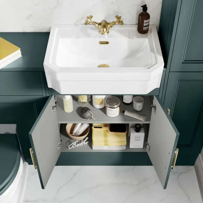 Monaco Midnight Green Traditional Basin Vanity 600mm - Brass Knurled Handles