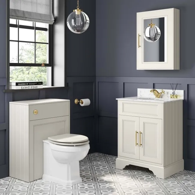 Lucia Chalk White Vanity with Marble Top & Undermount Basin 630mm - Brass Knurled Handles