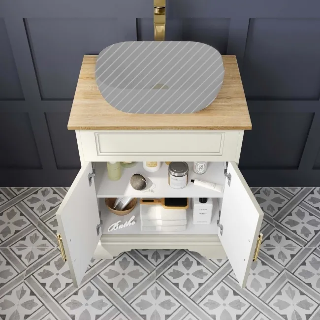 Lucia Chalk White Cabinet with Oak Effect Top 640mm (Excludes Counter Top Basin) - Brass Knurled Handles