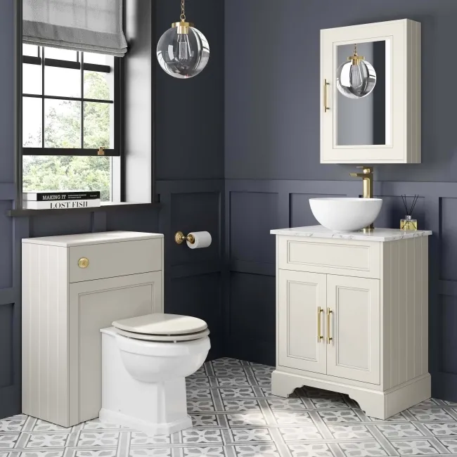Lucia Chalk White Vanity with Marble Top & Round Counter Top Basin 640mm - Brass Knurled Handles