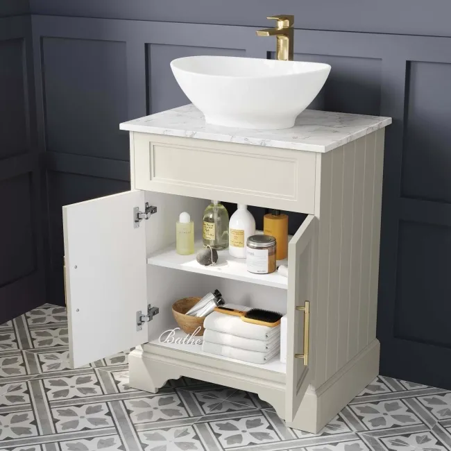 Lucia Chalk White Vanity with Marble Top & Oval Counter Top Basin 640mm - Brass Knurled Handles
