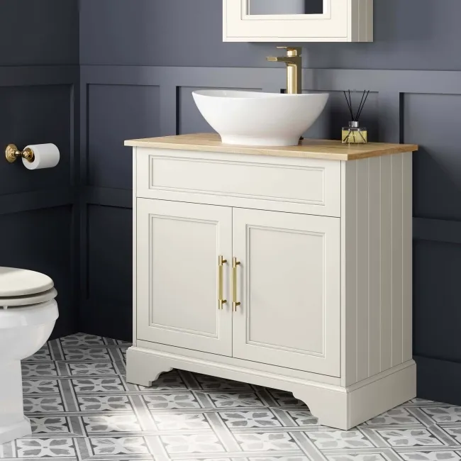 Lucia Chalk White Vanity with Oak Effect Top & Oval Counter Top Basin 840mm - Brass Knurled Handles