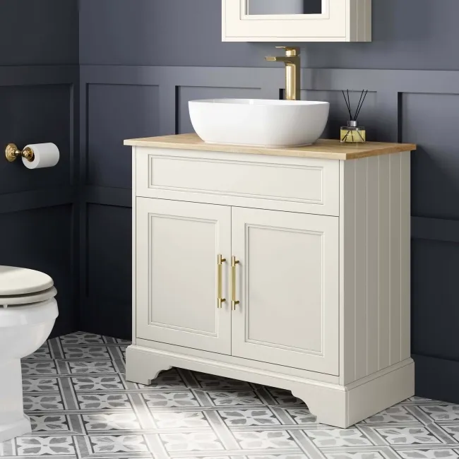 Lucia Chalk White Vanity with Oak Effect Top & Curved Counter Top Basin 840mm - Brass Knurled Handles