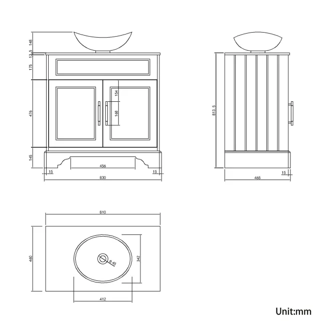 Lucia Chalk White Vanity with Marble Top & Oval Counter Top Basin 840mm - Brass Knurled Handles