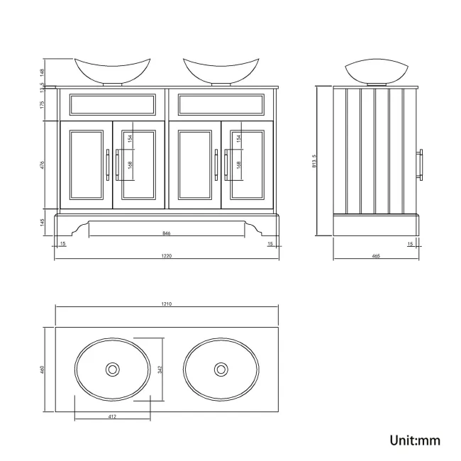 Lucia Chalk White Double Vanity with Marble Top & Oval Counter Top Basin 1200mm - Brass Knurled Handles