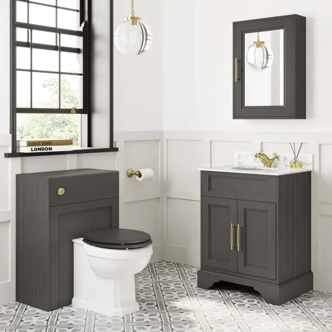 Lucia Graphite Grey Vanity with Marble Top & Undermount Basin 630mm - Brass Knurled Handles