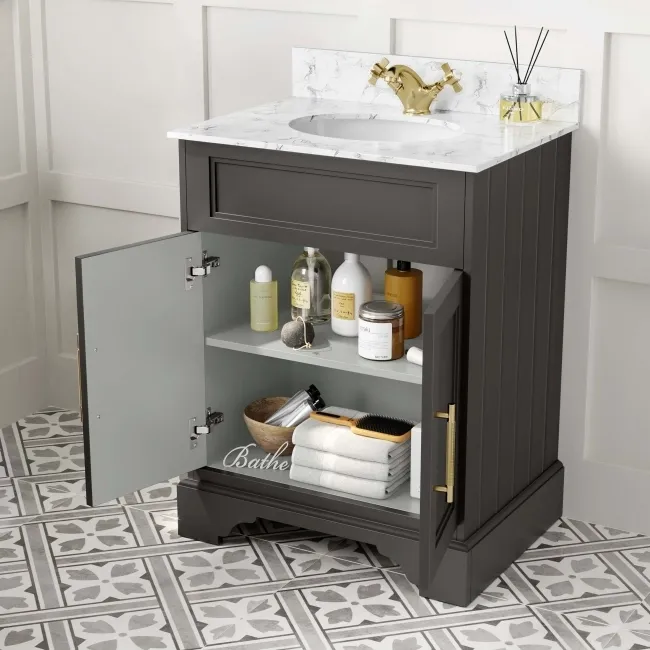Lucia Graphite Grey Vanity with Marble Top & Undermount Basin 630mm - Brass Knurled Handles