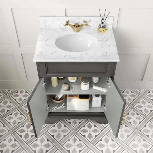 Lucia Graphite Grey Vanity with Marble Top & Undermount Basin 630mm - Brass Knurled Handles
