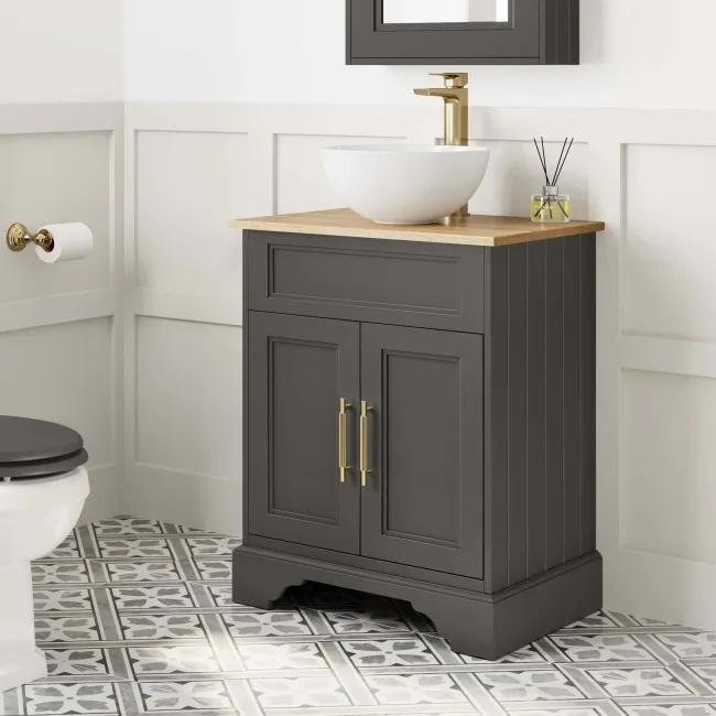 Lucia Graphite Grey Vanity with Oak Effect Top & Round Counter Top Basin 640mm - Brass Knurled Handles